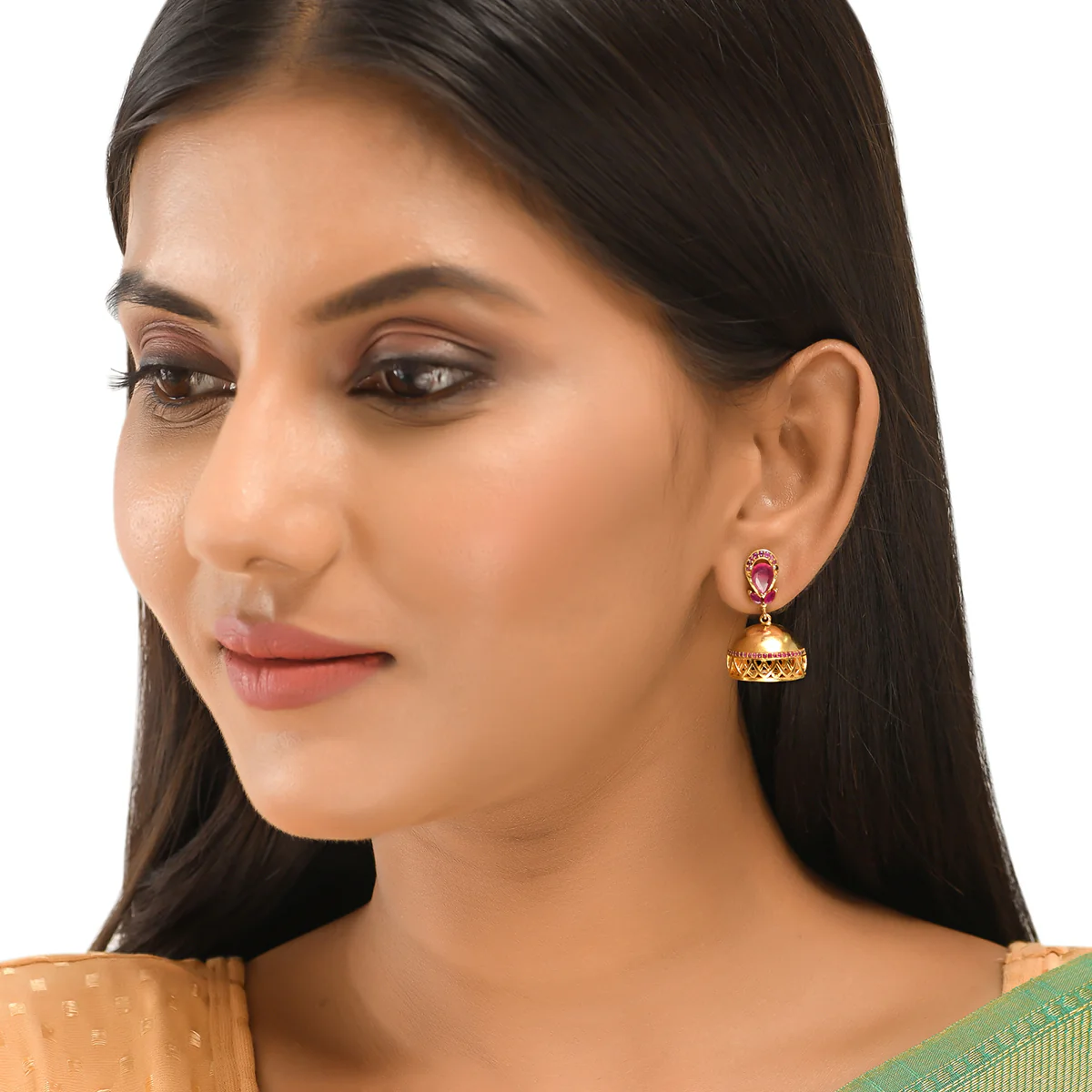 CZ Traditional Gold Plated Red Jhumka Earrings - Image 2