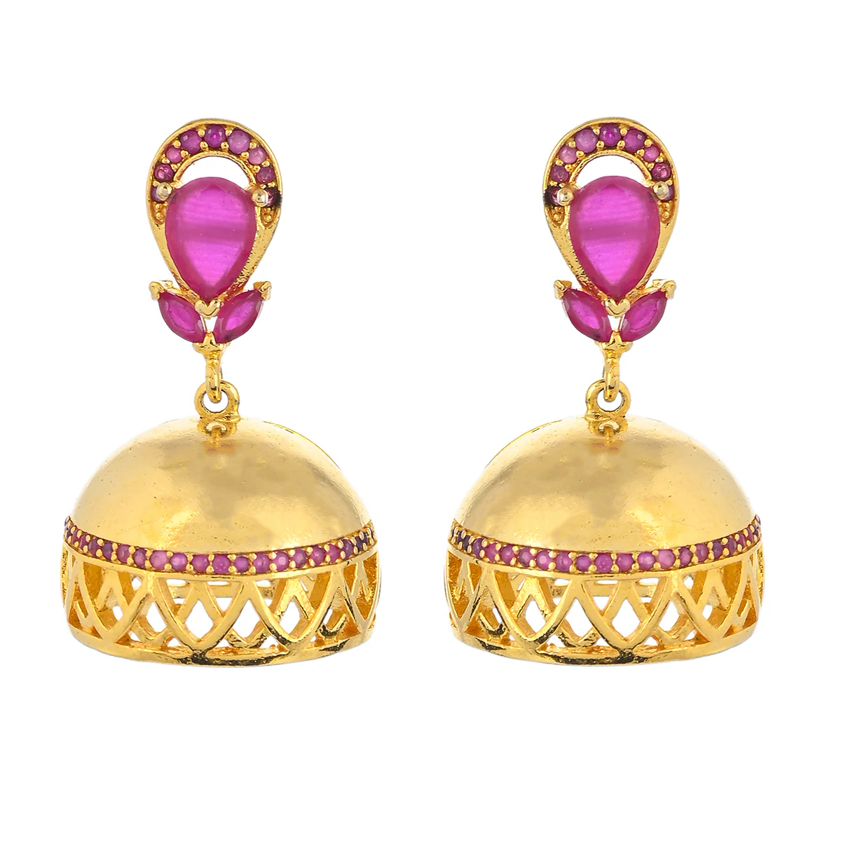 CZ Traditional Gold Plated Red Jhumka Earrings - Image 3