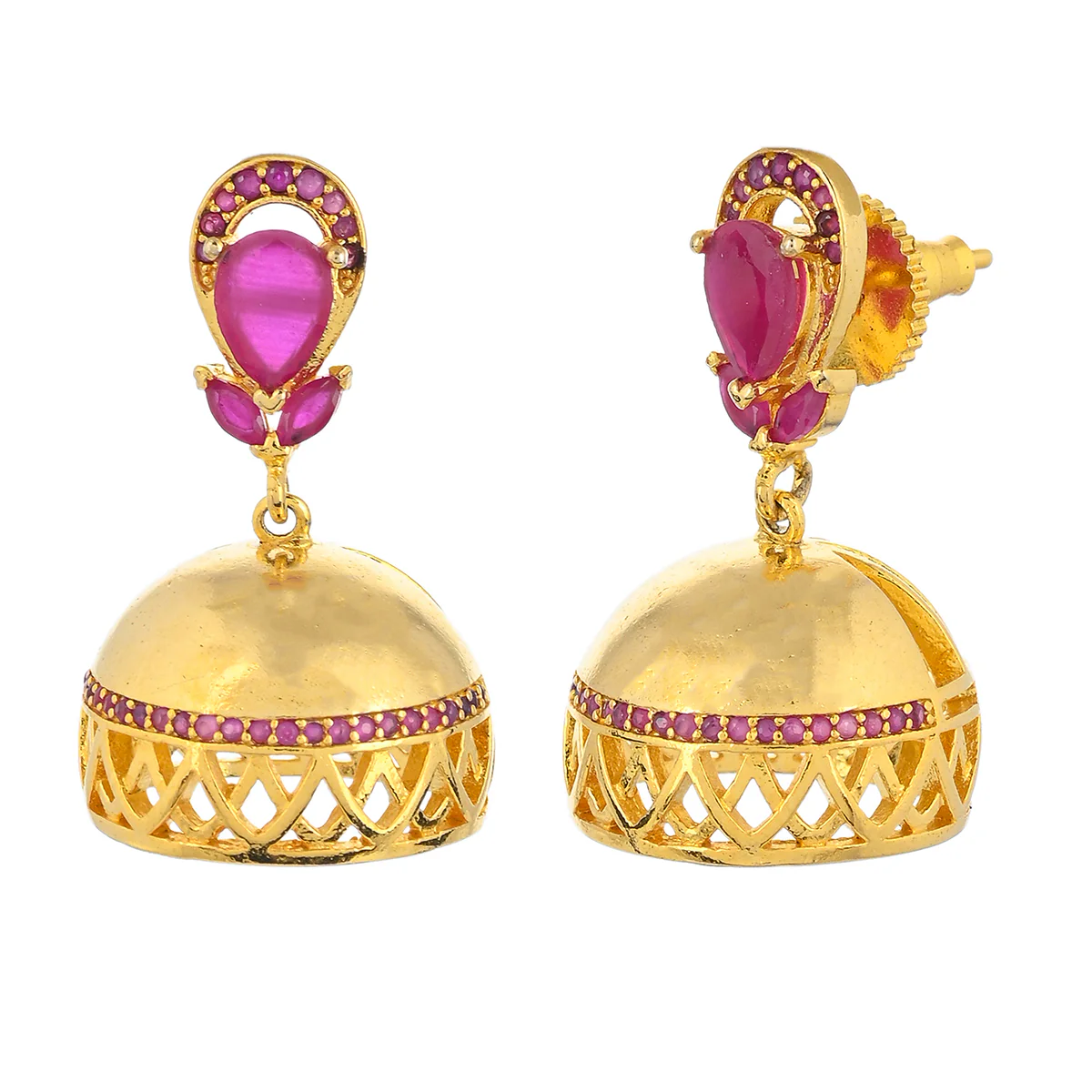 CZ Traditional Gold Plated Red Jhumka Earrings - Image 4