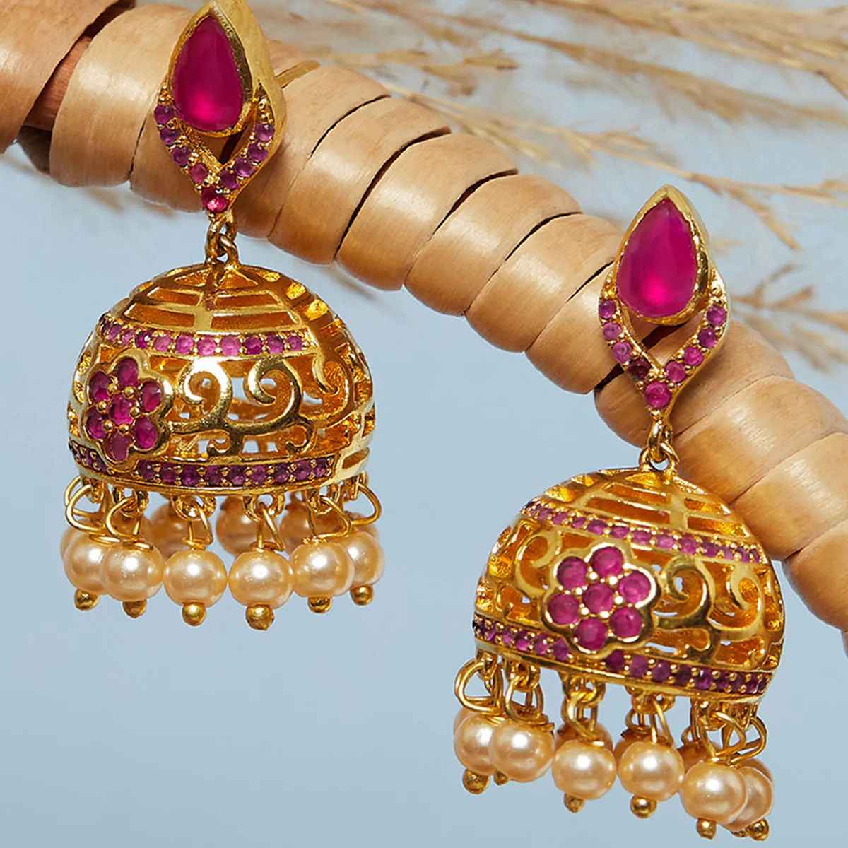 American Diamond CZ Traditional Gold Plated Red Brass Jhumka Earrings for Women
