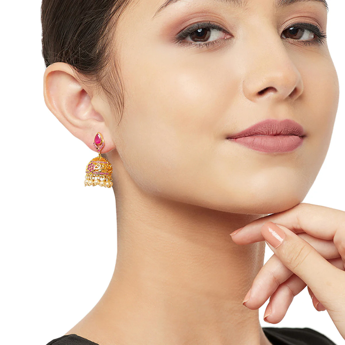 American Diamond CZ Traditional Gold Plated Red Brass Jhumka Earrings for Women - Image 2