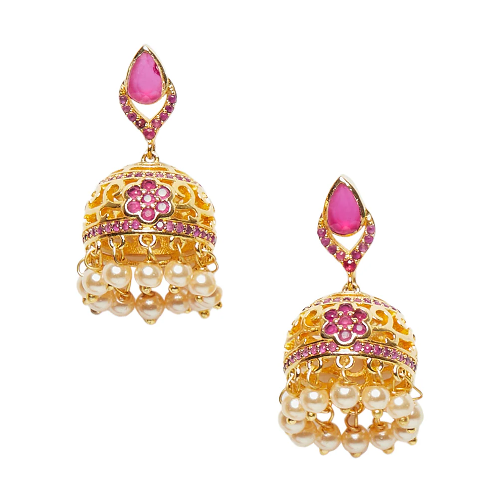 American Diamond CZ Traditional Gold Plated Red Brass Jhumka Earrings for Women - Image 3