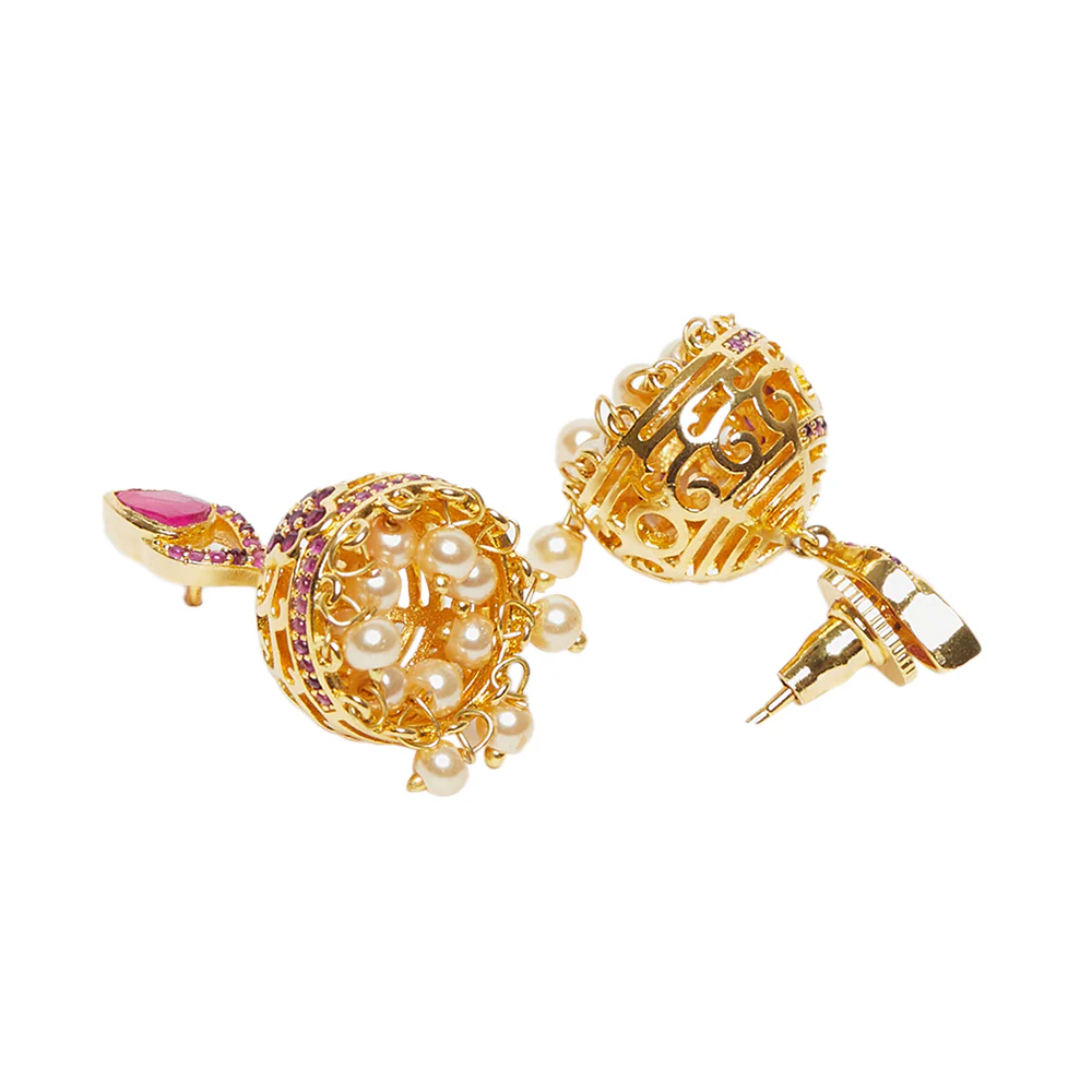 American Diamond CZ Traditional Gold Plated Red Brass Jhumka Earrings for Women - Image 4