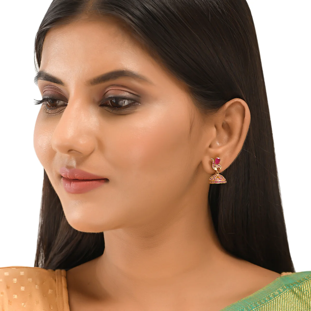 CZ Traditional Gold Plated Red Jhumka Earrings - Image 2