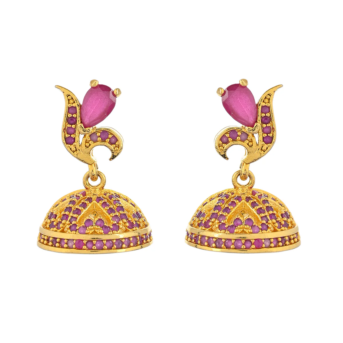 CZ Traditional Gold Plated Red Jhumka Earrings - Image 3