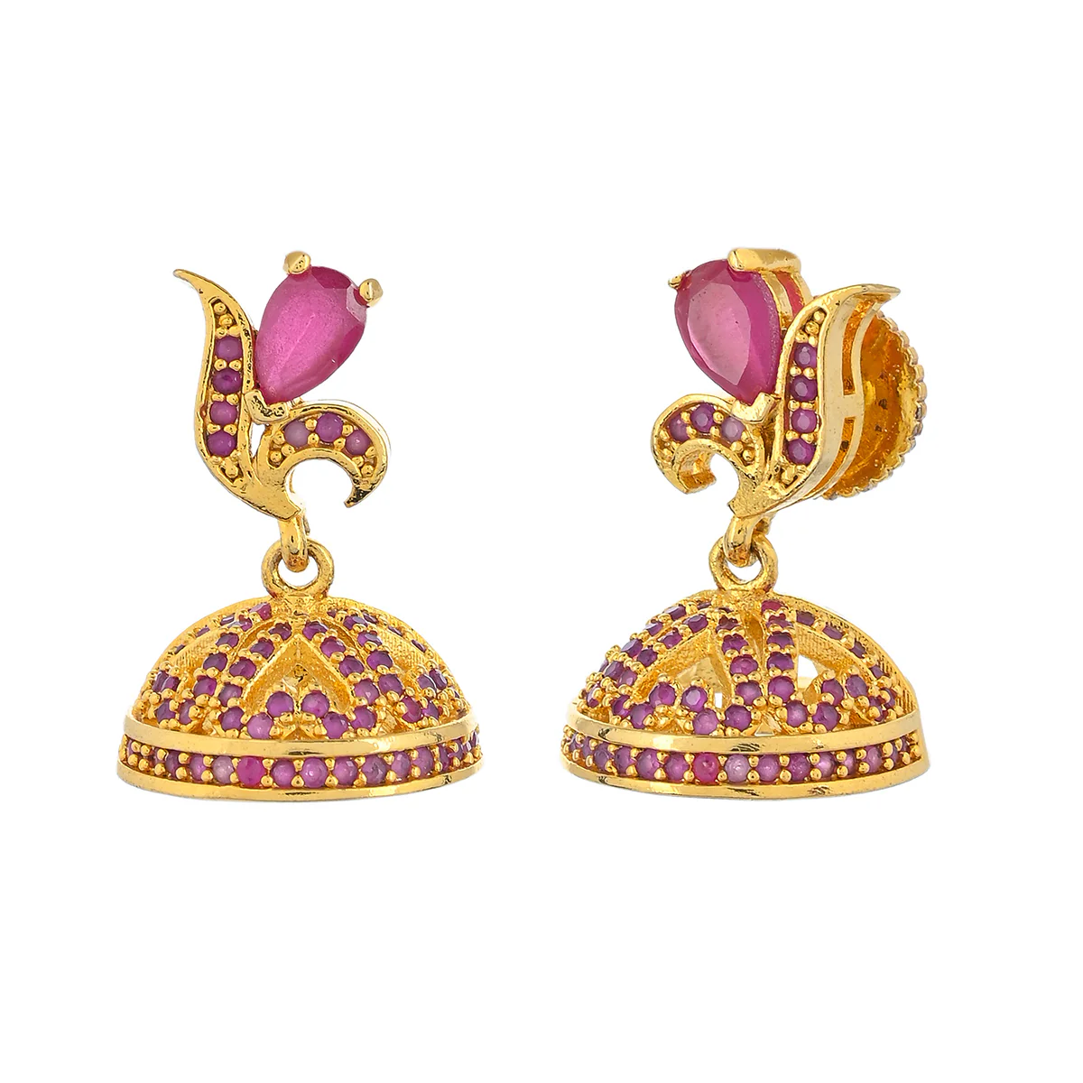 CZ Traditional Gold Plated Red Jhumka Earrings - Image 4