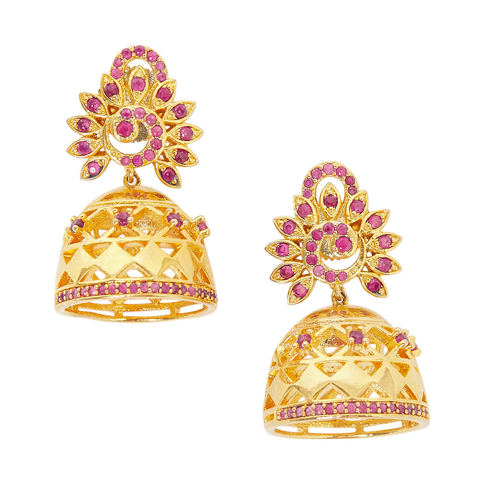 American Diamond CZ Traditional Gold Plated Red Brass Jhumka Earrings for Women - Image 3