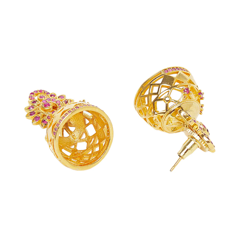 American Diamond CZ Traditional Gold Plated Red Brass Jhumka Earrings for Women - Image 4