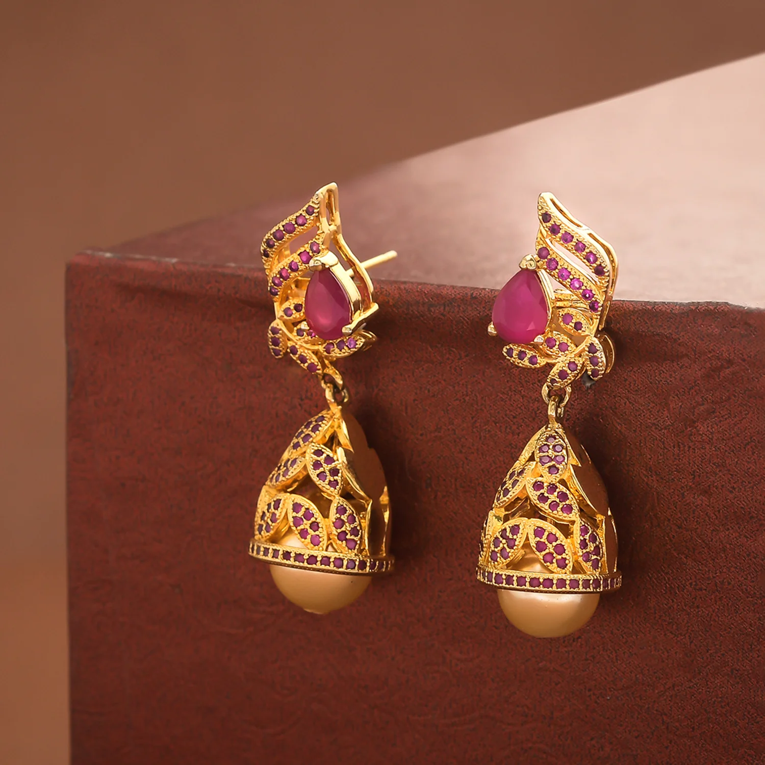 CZ Traditional Gold Plated Red Jhumka Earrings