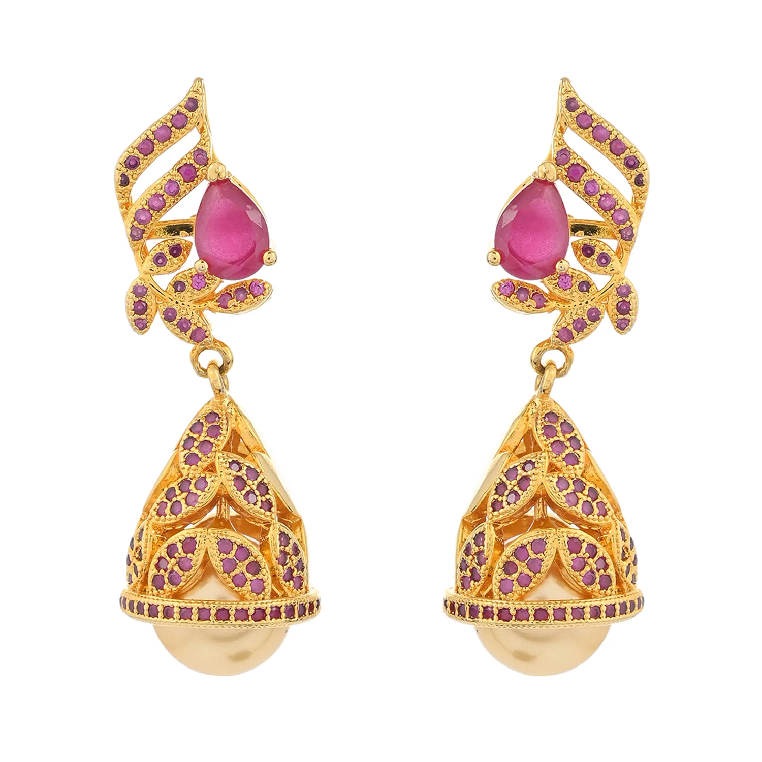 CZ Traditional Gold Plated Red Jhumka Earrings - Image 3