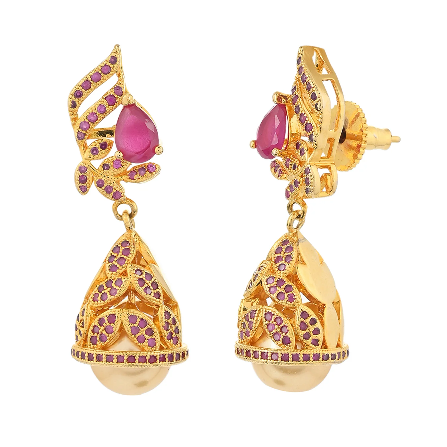 CZ Traditional Gold Plated Red Jhumka Earrings - Image 4