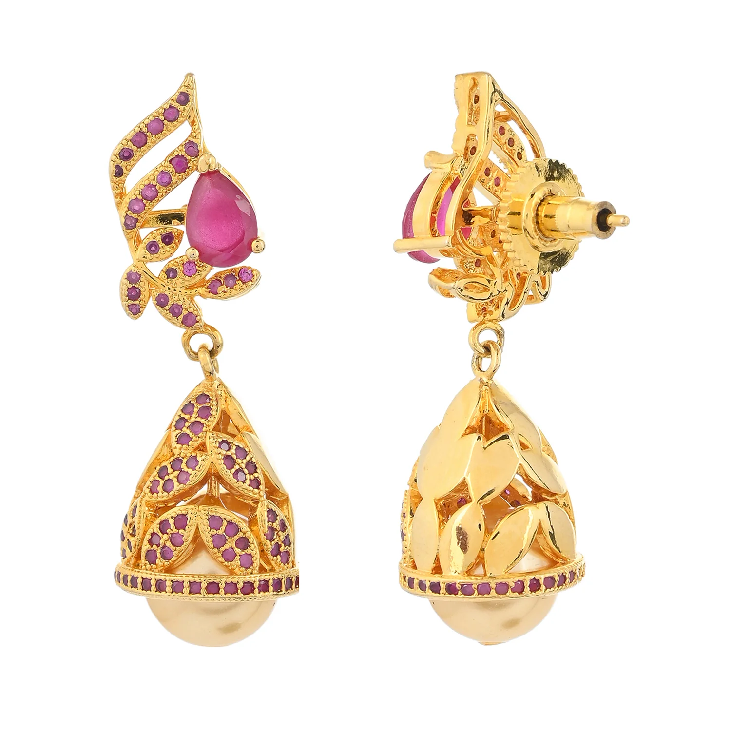 CZ Traditional Gold Plated Red Jhumka Earrings - Image 5