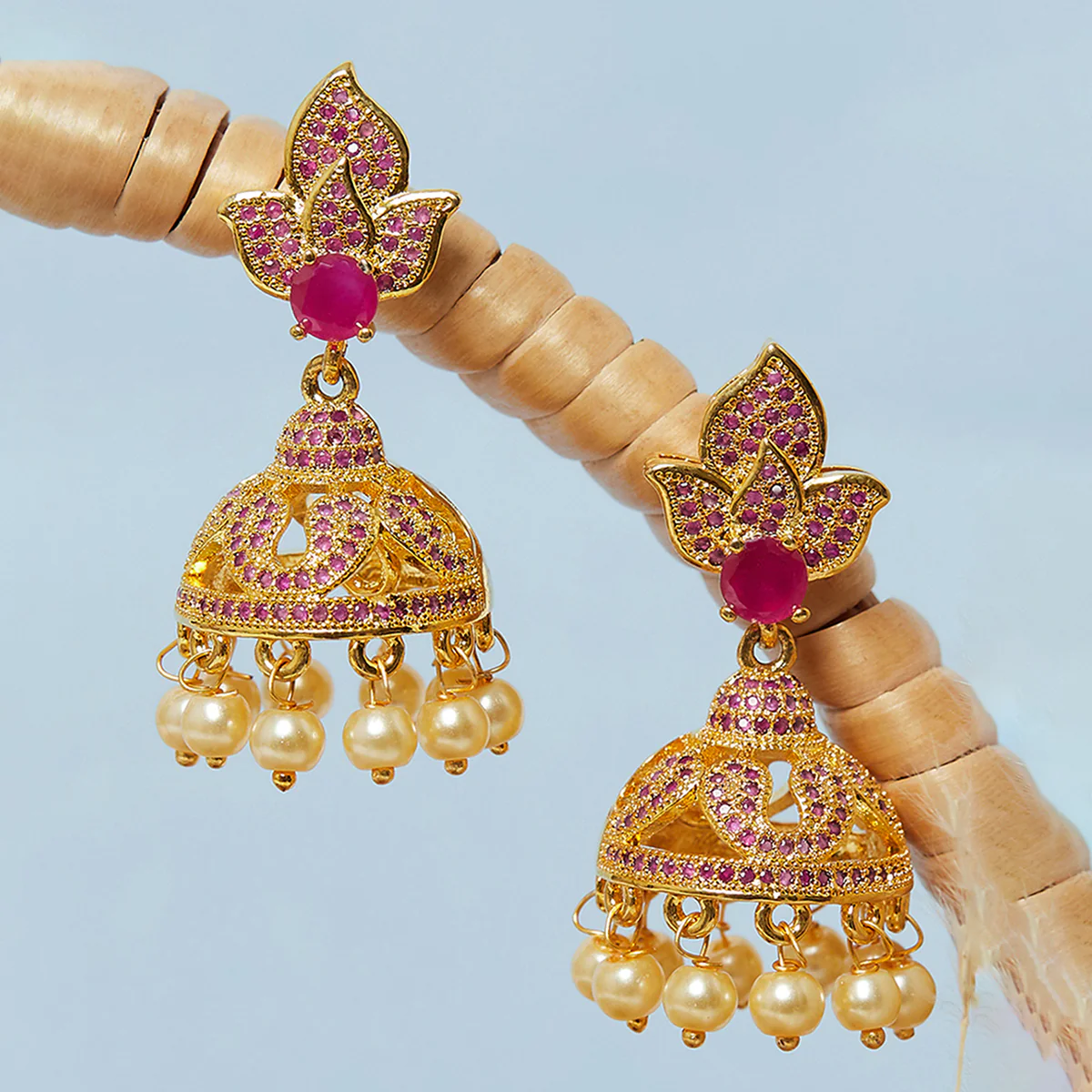 American Diamond CZ Traditional Gold Plated Red Brass Jhumka Earrings for Women