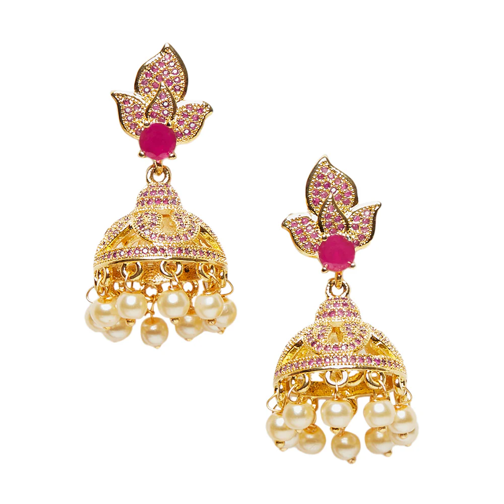 American Diamond CZ Traditional Gold Plated Red Brass Jhumka Earrings for Women - Image 3