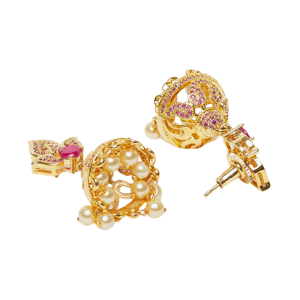 American Diamond CZ Traditional Gold Plated Red Brass Jhumka Earrings for Women - Image 4