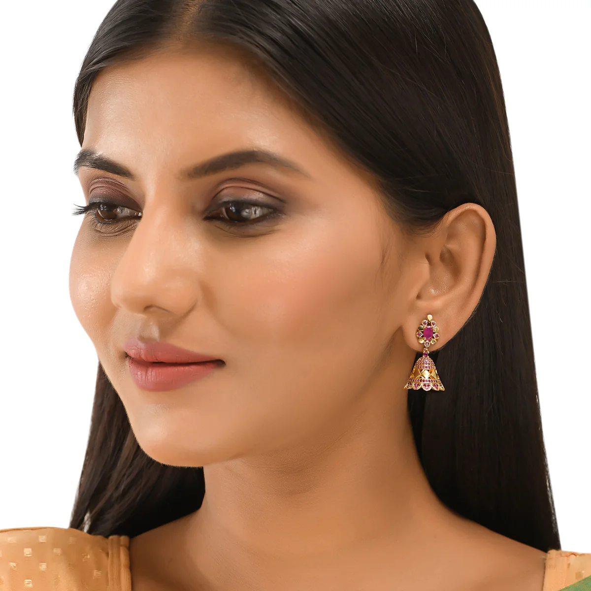 CZ Traditional Gold Plated Red Jhumka Earrings - Image 2
