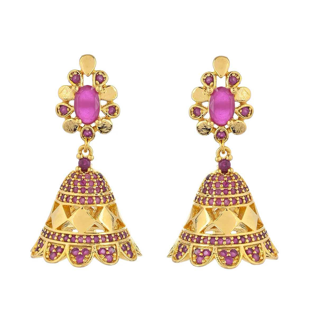 CZ Traditional Gold Plated Red Jhumka Earrings - Image 3