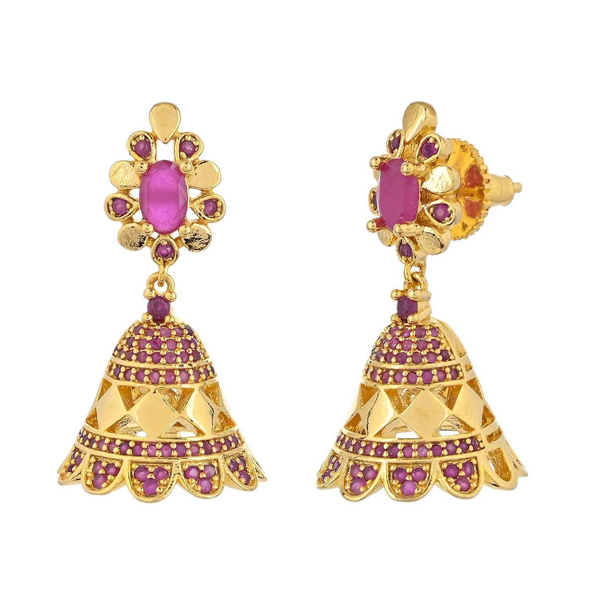 CZ Traditional Gold Plated Red Jhumka Earrings - Image 4