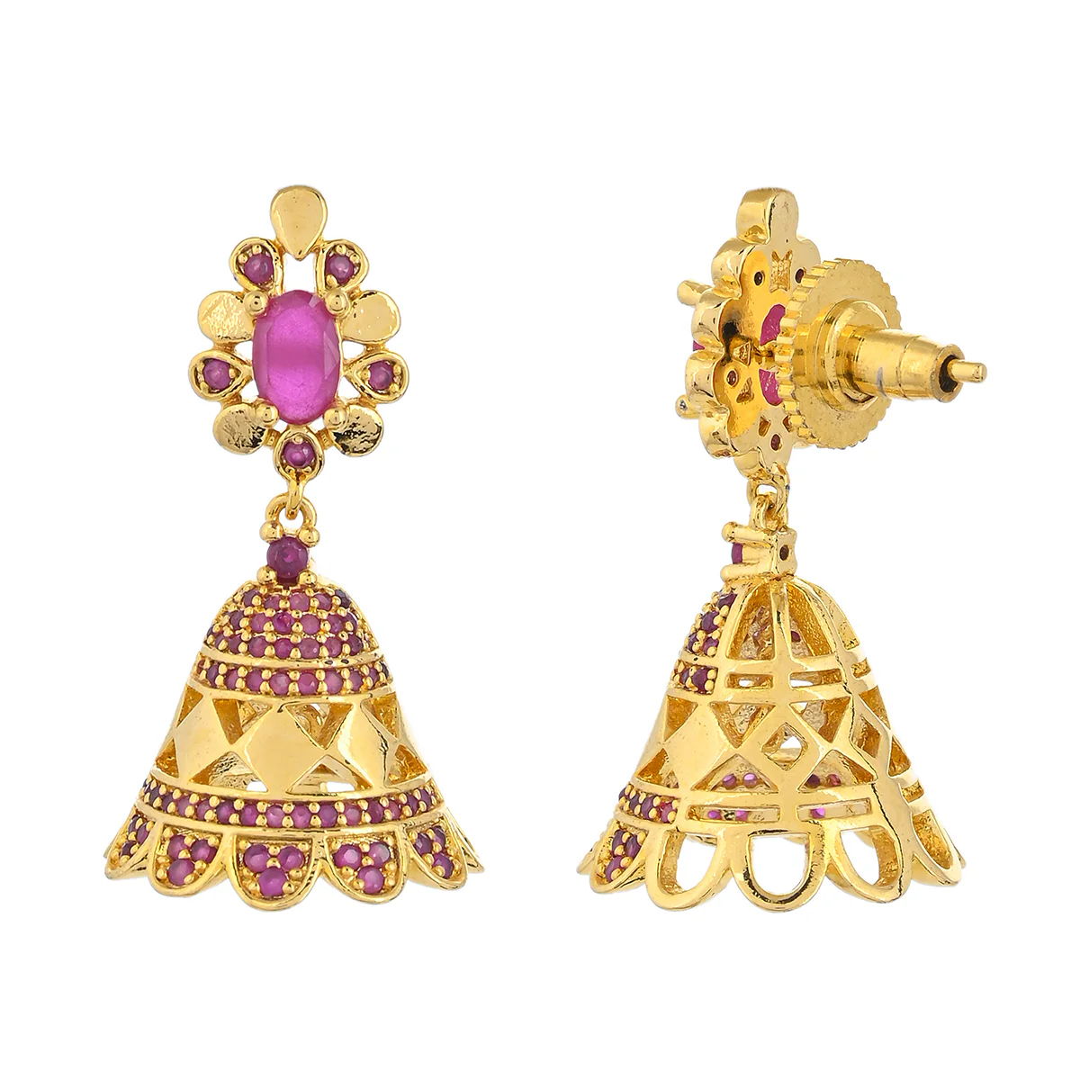CZ Traditional Gold Plated Red Jhumka Earrings - Image 5