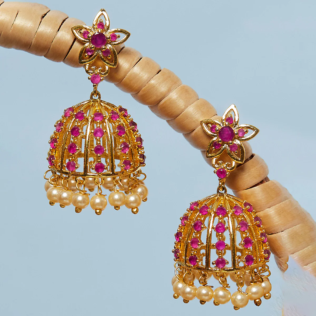 American Diamond CZ Traditional Gold Plated Red Brass Jhumka Earrings for Women