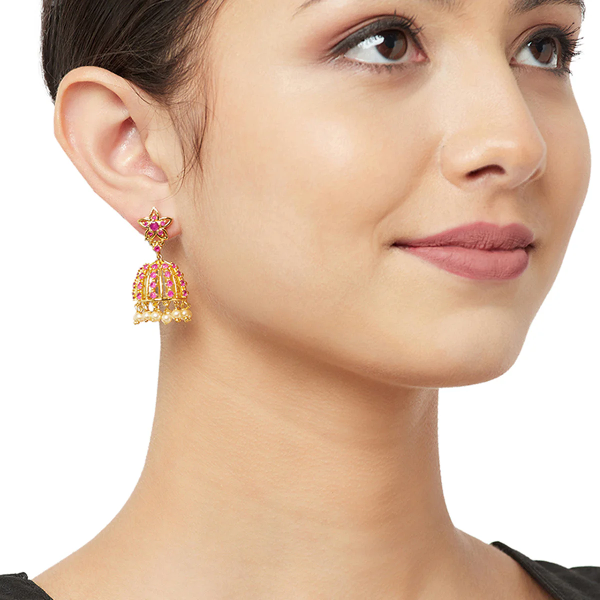 American Diamond CZ Traditional Gold Plated Red Brass Jhumka Earrings for Women - Image 2