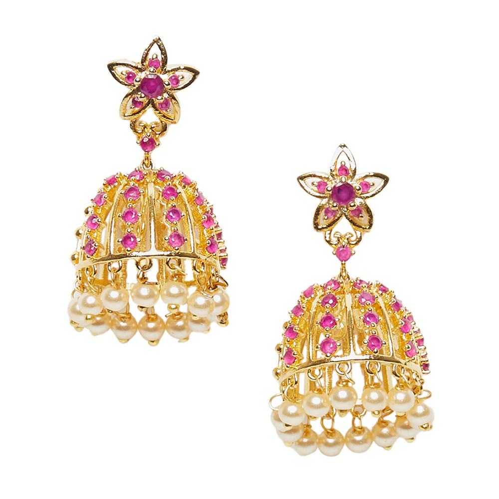 American Diamond CZ Traditional Gold Plated Red Brass Jhumka Earrings for Women - Image 3