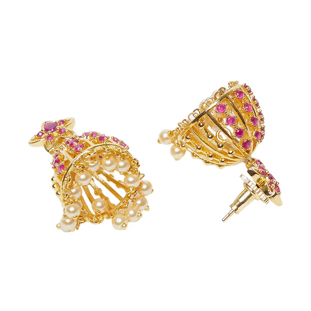 American Diamond CZ Traditional Gold Plated Red Brass Jhumka Earrings for Women - Image 4