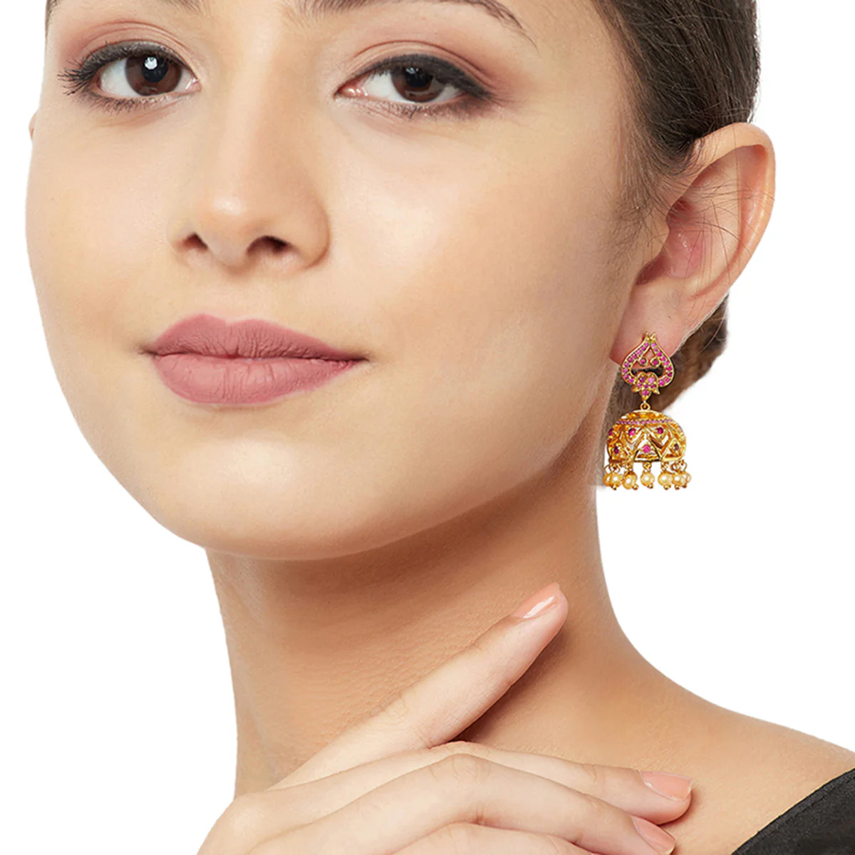 American Diamond CZ Traditional Gold Plated Red Brass Jhumka Earrings for Women - Image 2