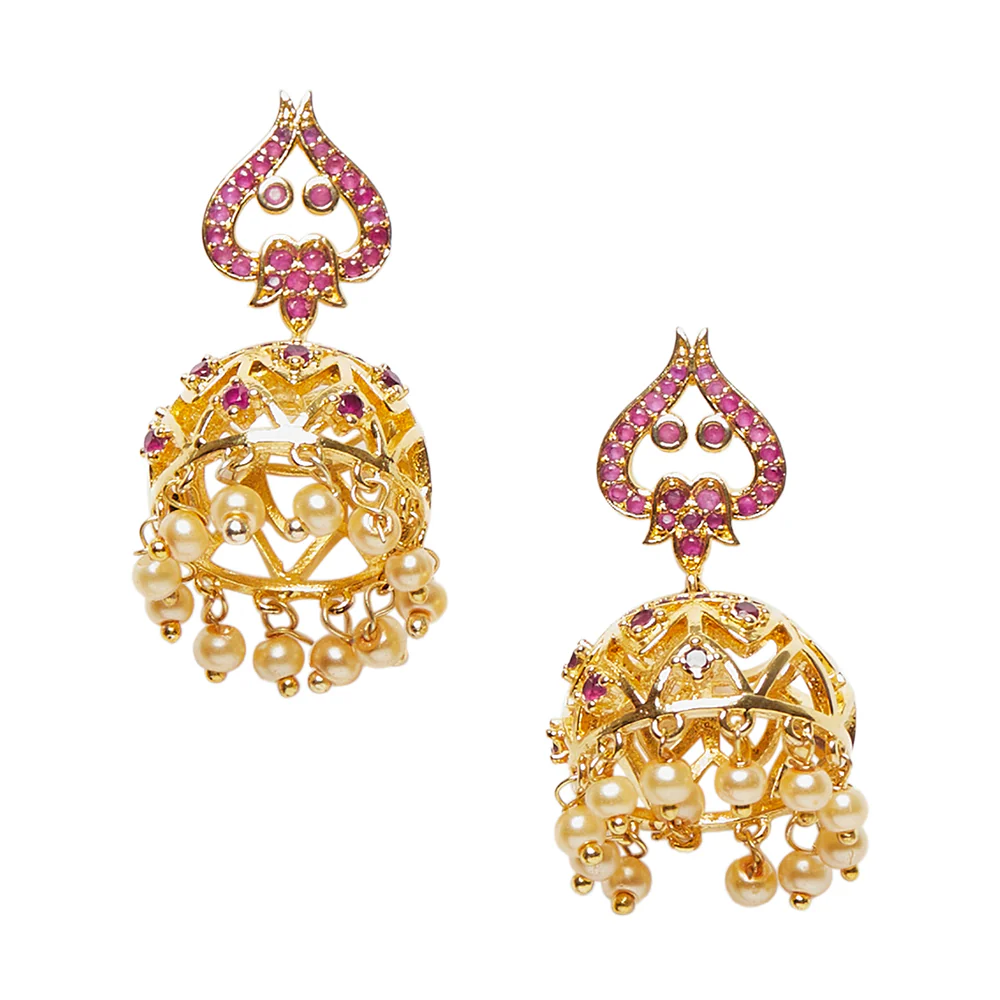 American Diamond CZ Traditional Gold Plated Red Brass Jhumka Earrings for Women - Image 3