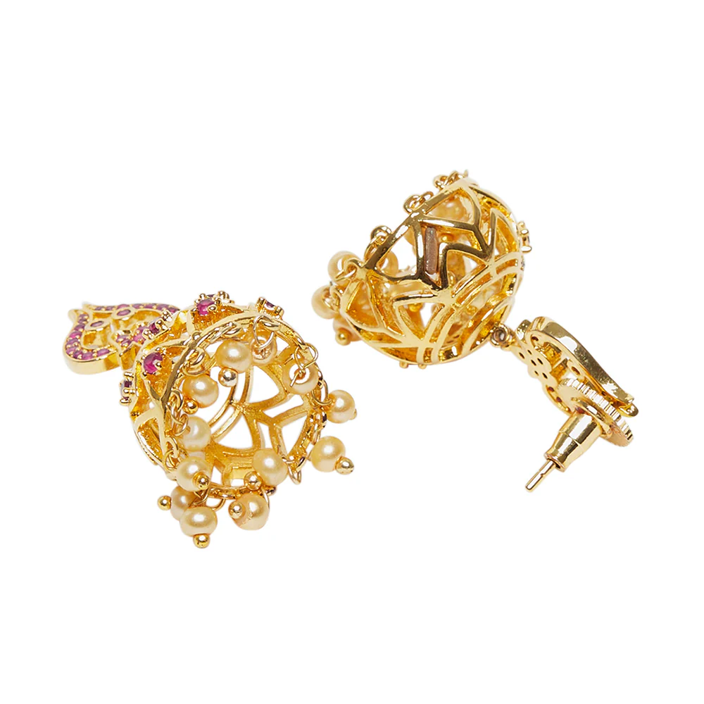 American Diamond CZ Traditional Gold Plated Red Brass Jhumka Earrings for Women - Image 4