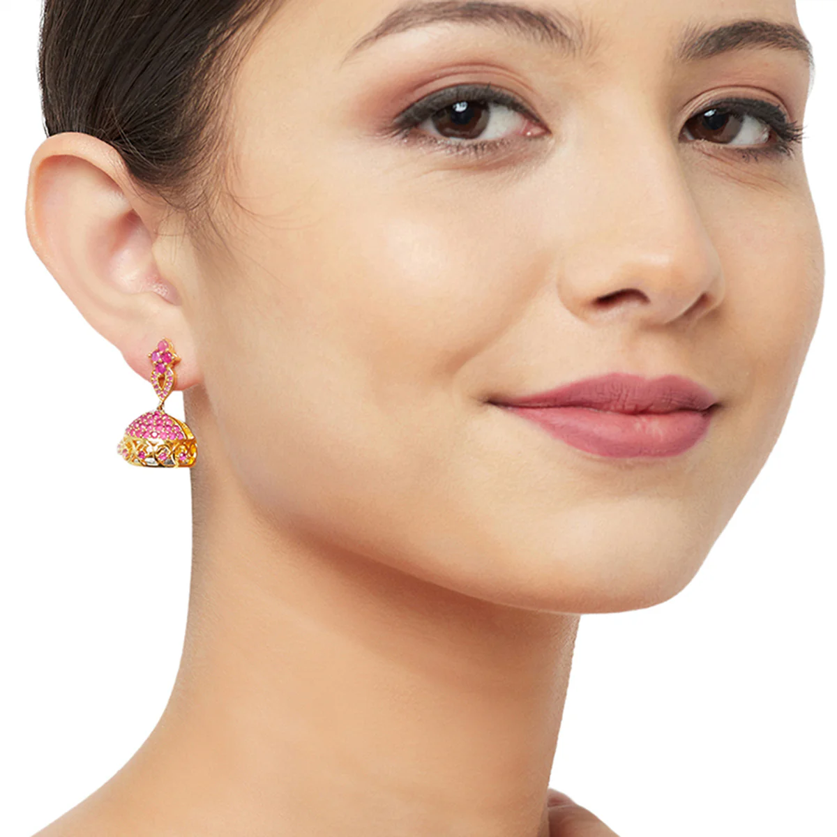 American Diamond CZ Traditional Gold Plated Red Brass Jhumka Earrings for Women - Image 2