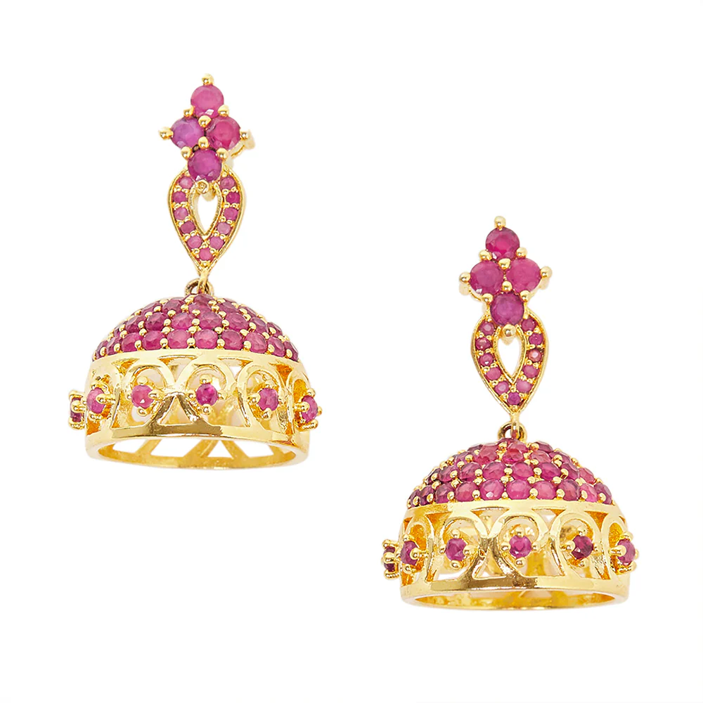 American Diamond CZ Traditional Gold Plated Red Brass Jhumka Earrings for Women - Image 3
