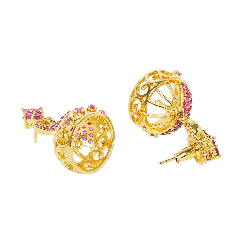 American Diamond CZ Traditional Gold Plated Red Brass Jhumka Earrings for Women - Image 4