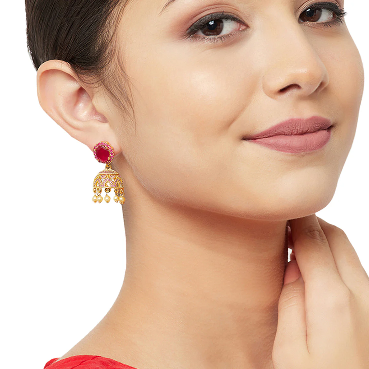 American Diamond CZ Traditional Gold Plated Red Brass Jhumka Earrings for Women - Image 2
