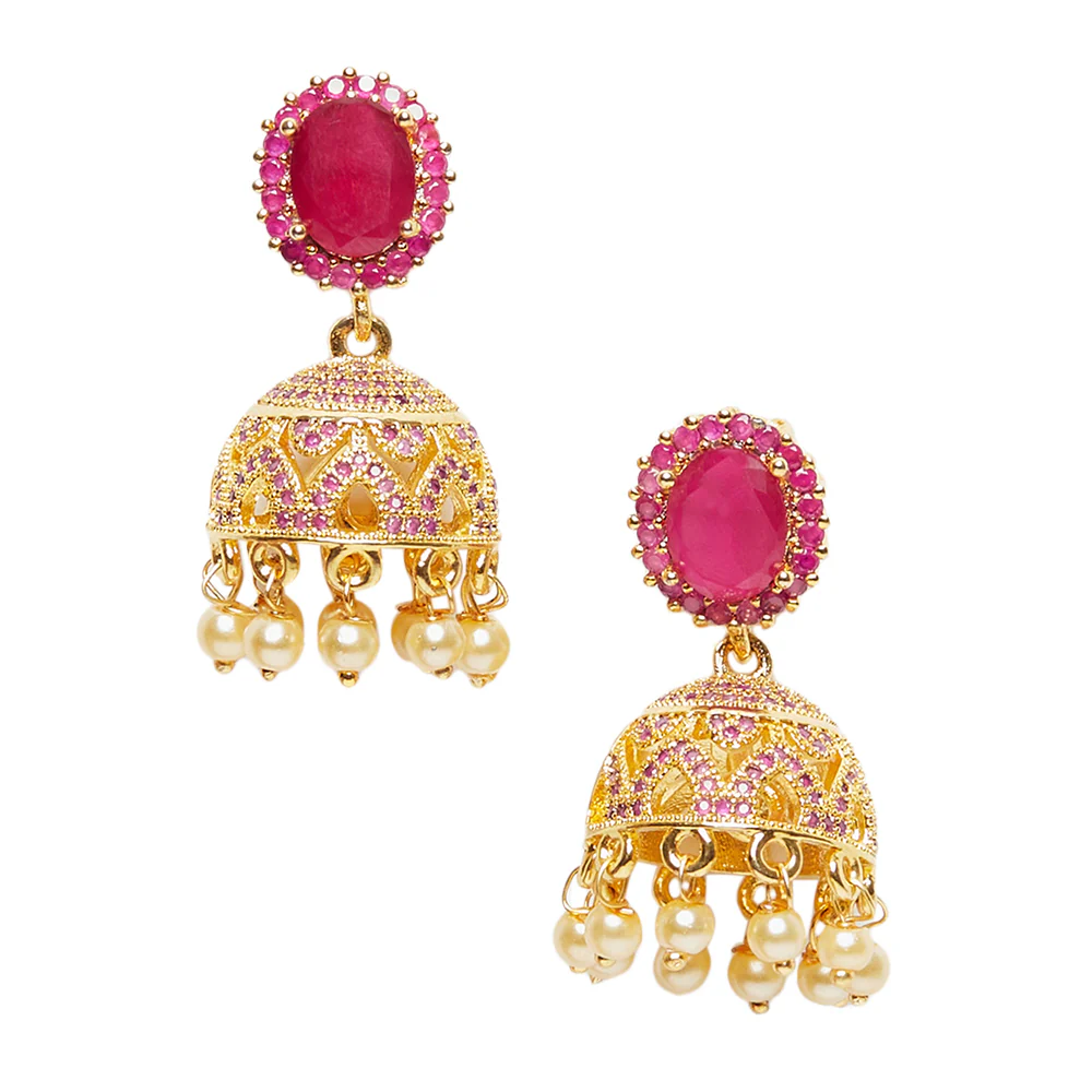 American Diamond CZ Traditional Gold Plated Red Brass Jhumka Earrings for Women - Image 3