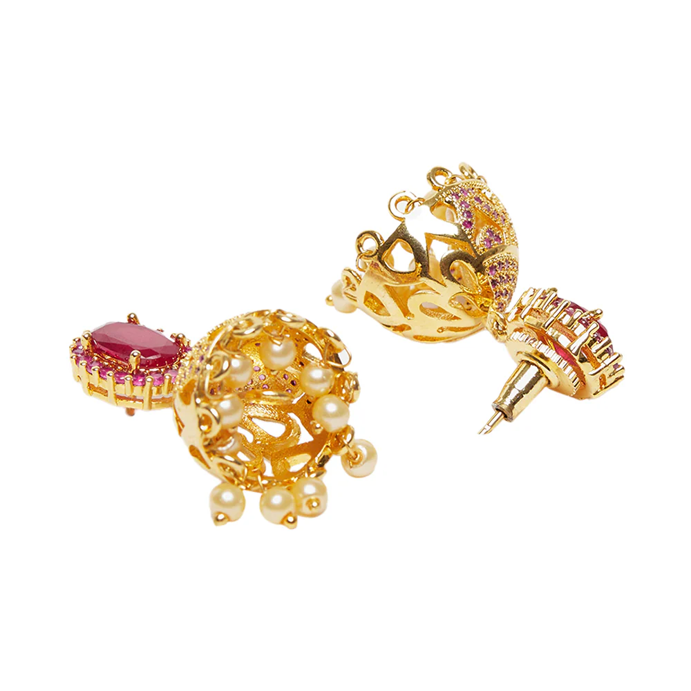 American Diamond CZ Traditional Gold Plated Red Brass Jhumka Earrings for Women - Image 4