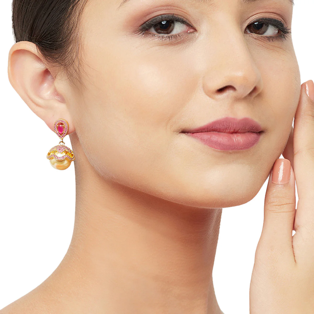 CZ Traditional Gold Plated Red Jhumka Earrings - Image 2