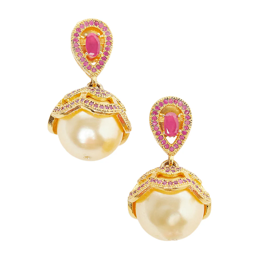 CZ Traditional Gold Plated Red Jhumka Earrings - Image 3