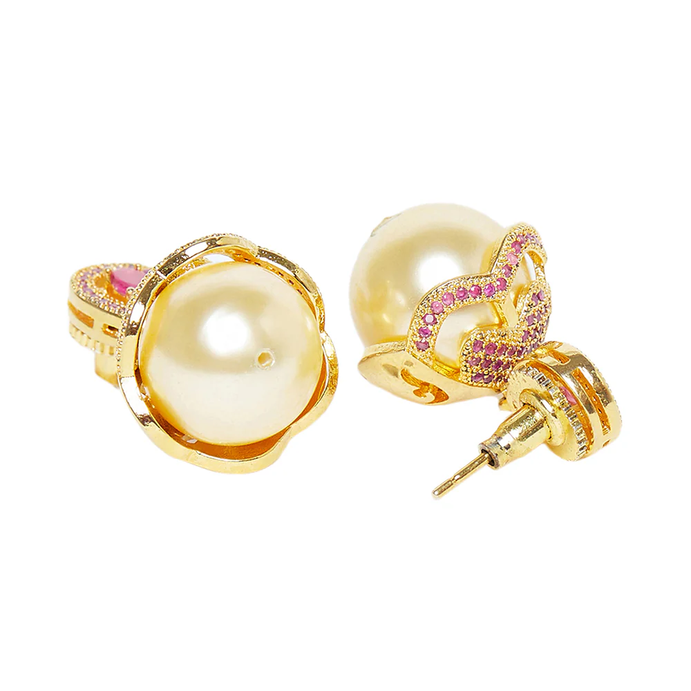 CZ Traditional Gold Plated Red Jhumka Earrings - Image 4