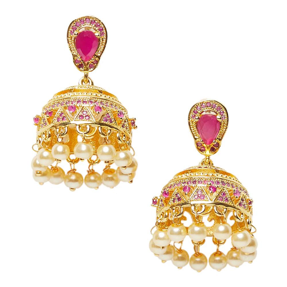American Diamond CZ Traditional Gold Plated Red Brass Jhumka Earrings for Women - Image 3
