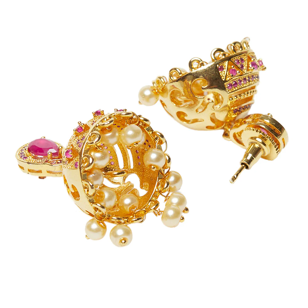 American Diamond CZ Traditional Gold Plated Red Brass Jhumka Earrings for Women - Image 4