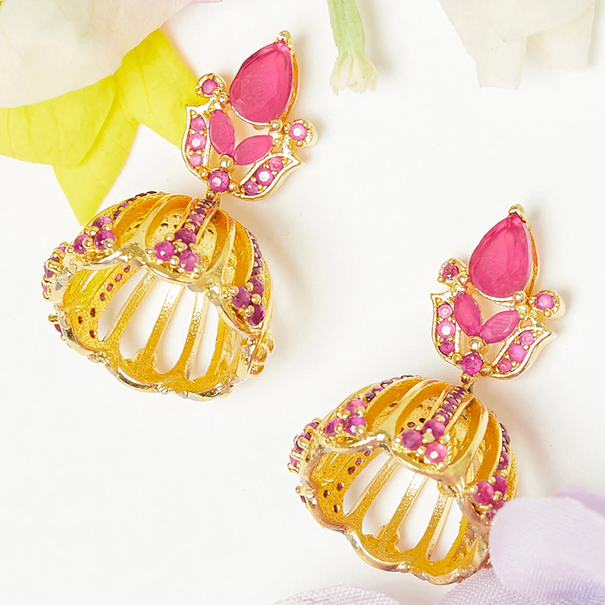 American Diamond CZ Traditional Gold Plated Red Brass Jhumka Earrings for Women