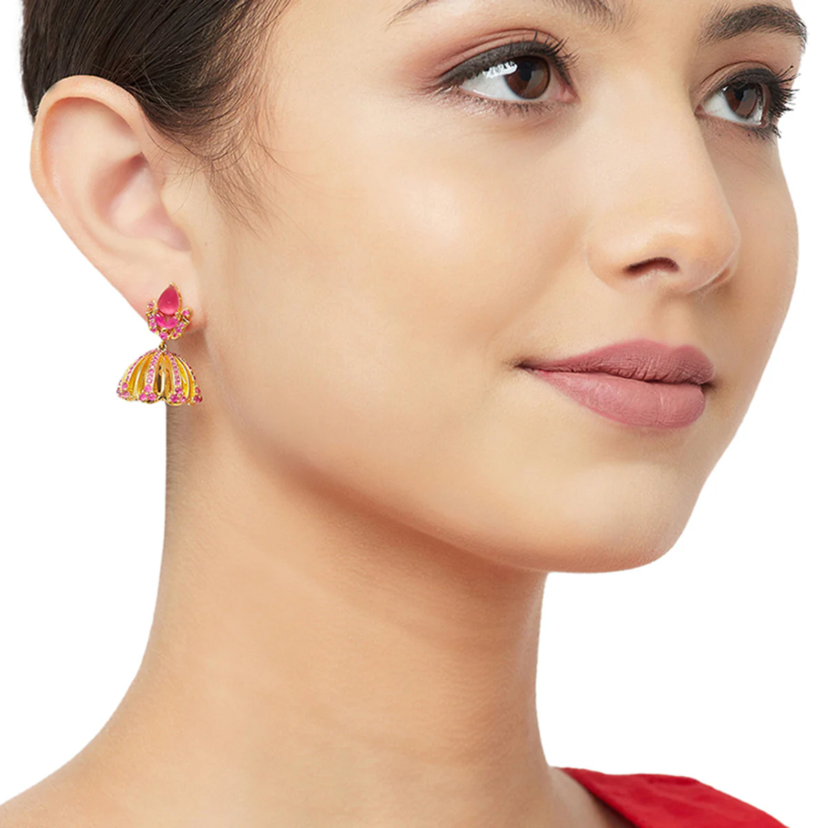 American Diamond CZ Traditional Gold Plated Red Brass Jhumka Earrings for Women - Image 2
