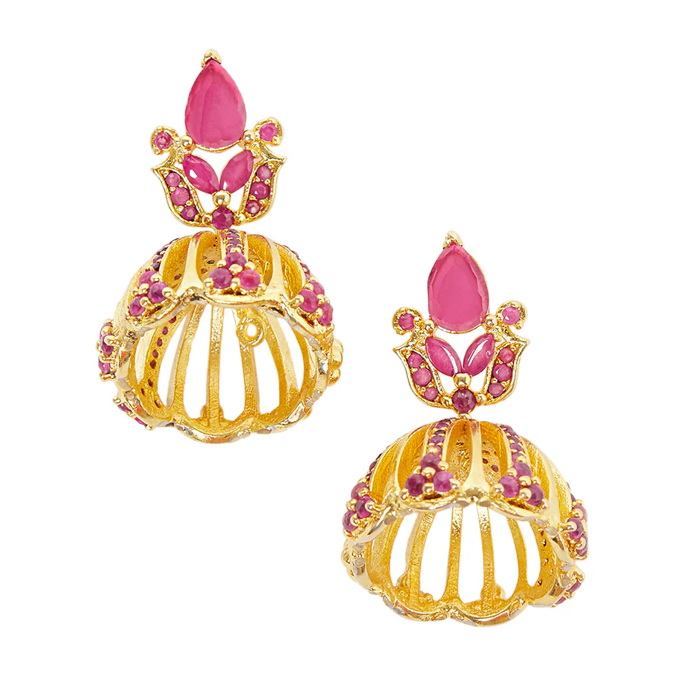 American Diamond CZ Traditional Gold Plated Red Brass Jhumka Earrings for Women - Image 3