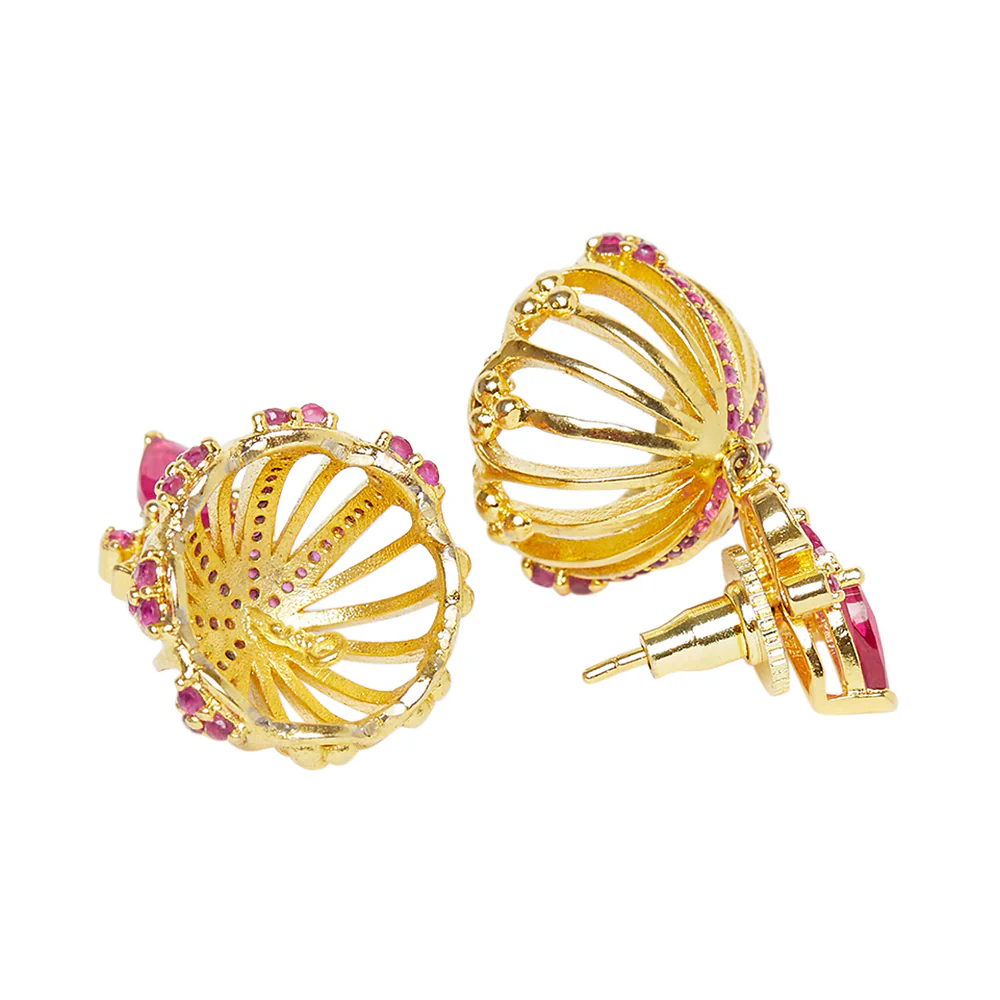 American Diamond CZ Traditional Gold Plated Red Brass Jhumka Earrings for Women - Image 4