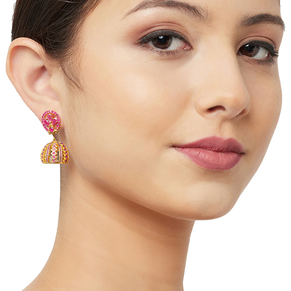 American Diamond CZ Traditional Gold Plated Red Brass Jhumka Earrings for Women - Image 2