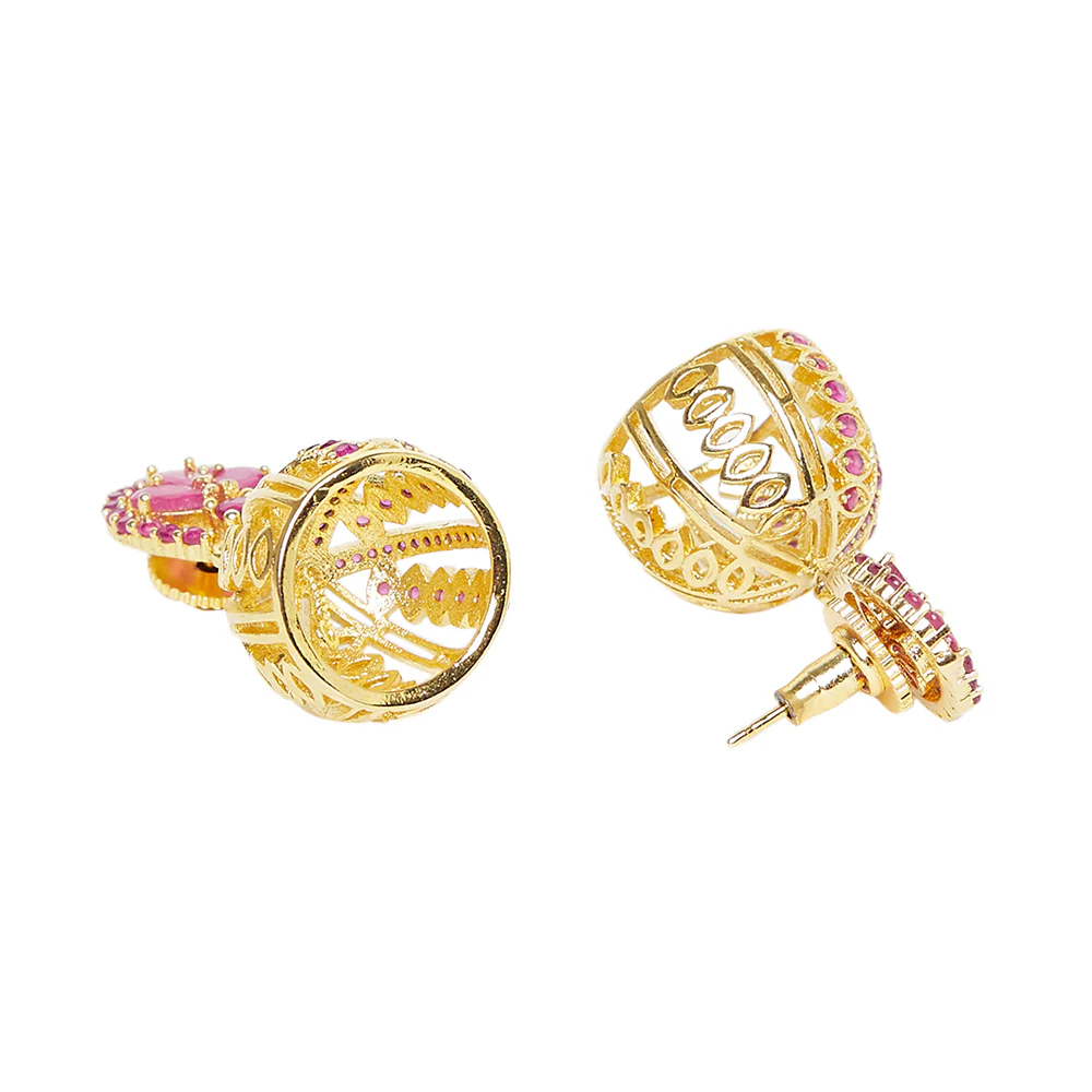 American Diamond CZ Traditional Gold Plated Red Brass Jhumka Earrings for Women - Image 4
