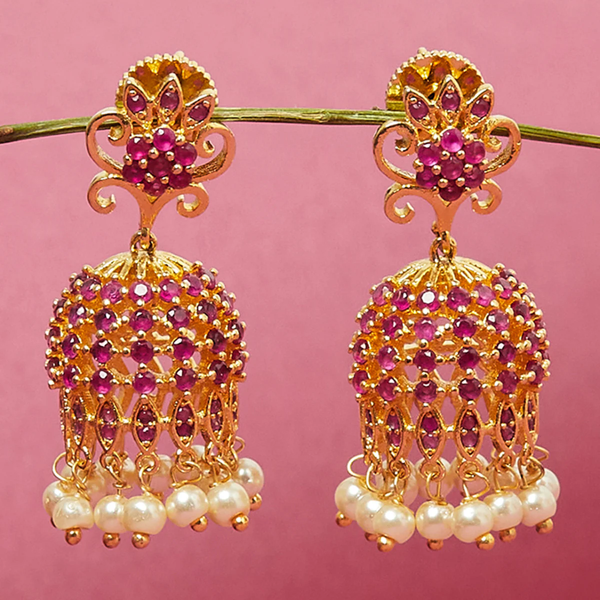American Diamond CZ Traditional Gold Plated Red Brass Jhumka Earrings for Women