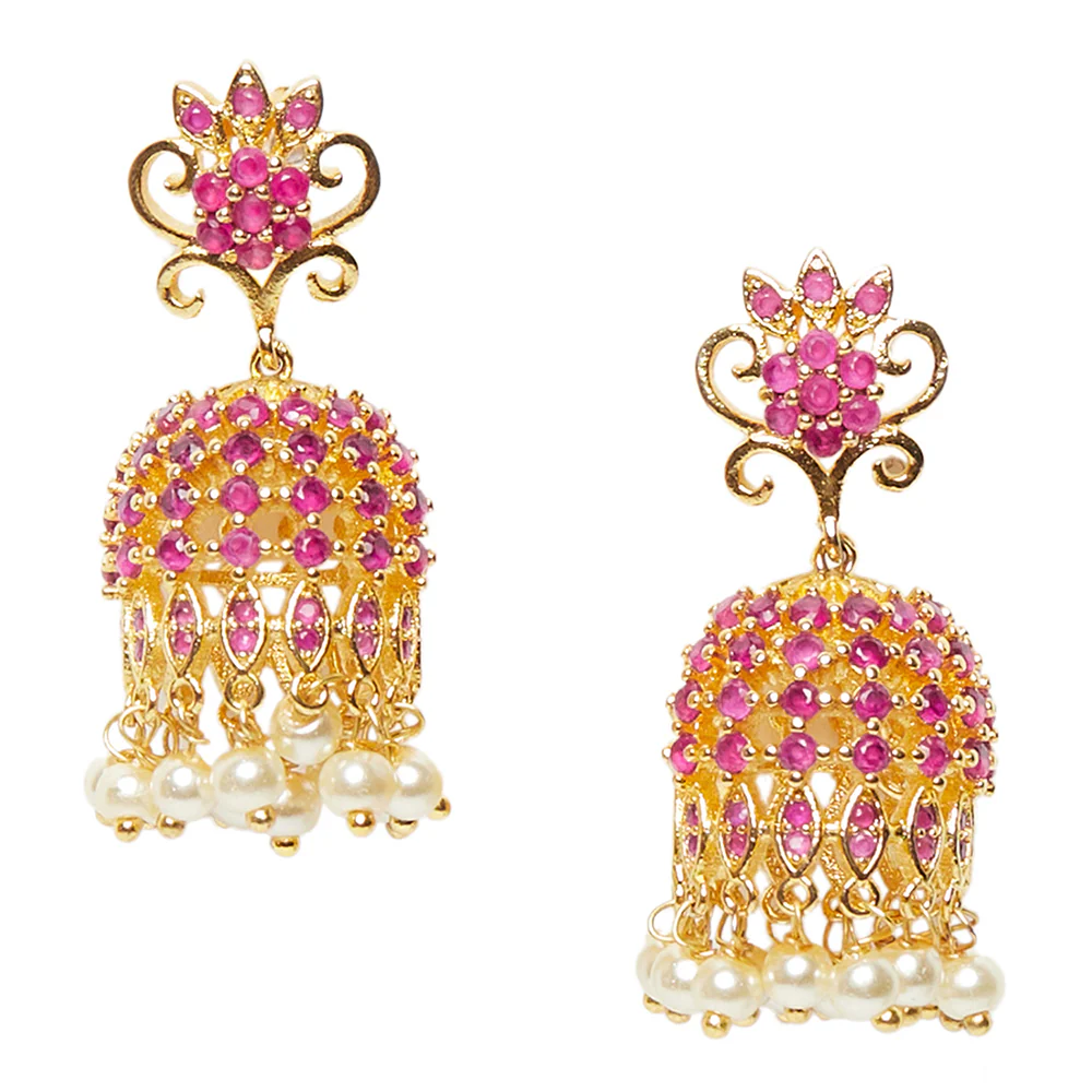 American Diamond CZ Traditional Gold Plated Red Brass Jhumka Earrings for Women - Image 3