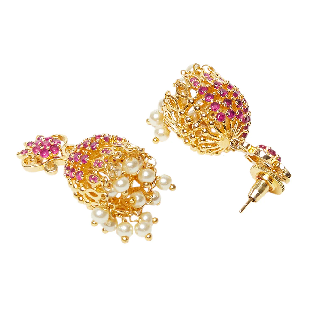 American Diamond CZ Traditional Gold Plated Red Brass Jhumka Earrings for Women - Image 4